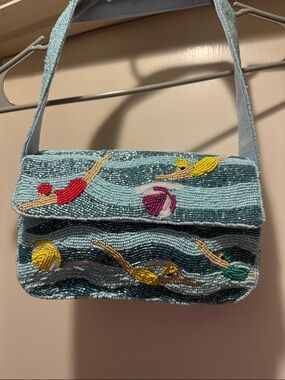 Marshalls Light Blue Beaded Swimmer Motif Shoulder Bag
